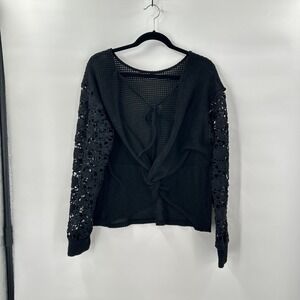 Boho Black Crochet Sleeve Knit Top Large‎ Sheer Waffle Tie Front Long Sleeve